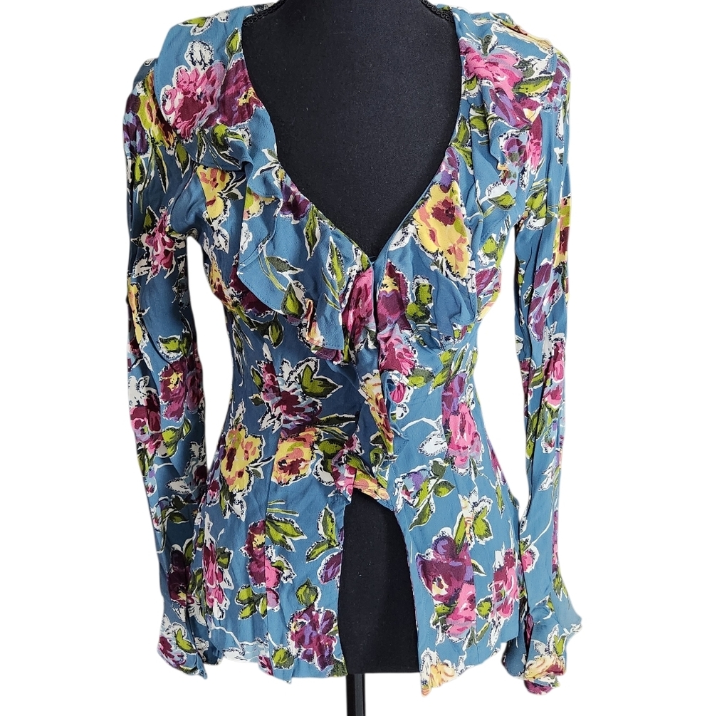 Vintage Betsey Johnson Grunge 90’s Floral Ruffle Button Down Sz P
